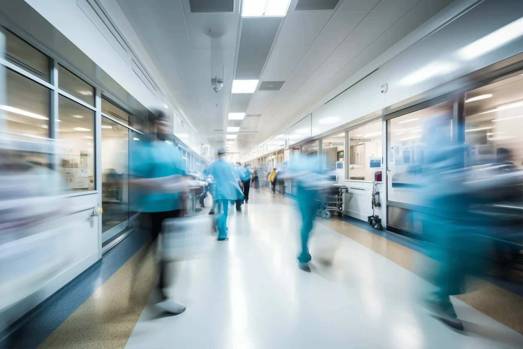 A busy hospital corridor, staff moving between departments.